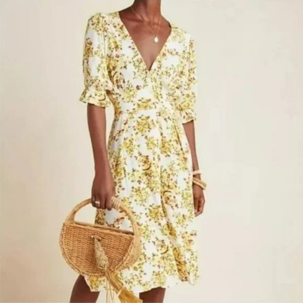 Faithfull The Brand Rafa Floral-Print Button-Front Puff-Sleeve Midi Dress Sz 2